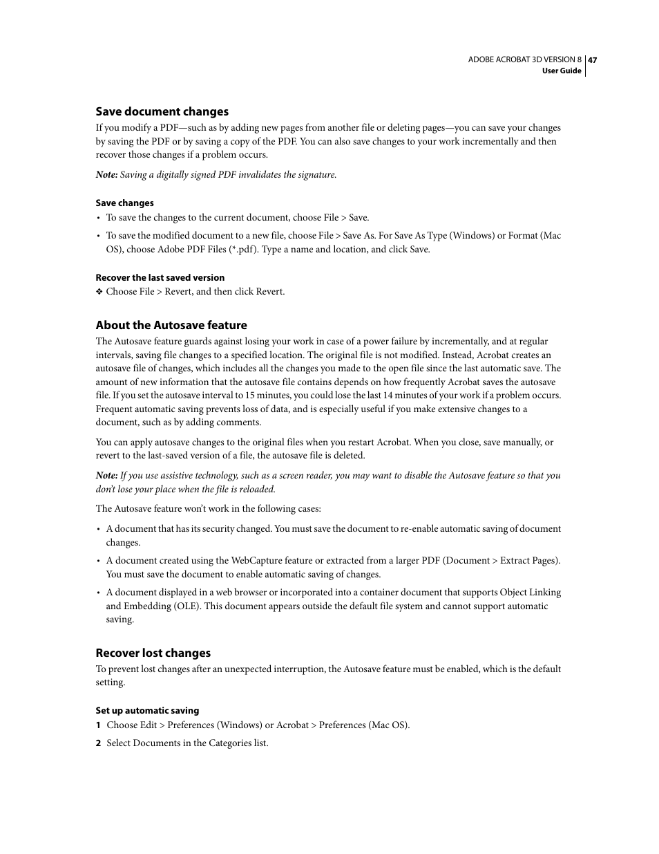 Save document changes, About the autosave feature, Recover lost changes | Adobe Acrobat 8 3D User Manual | Page 54 / 600