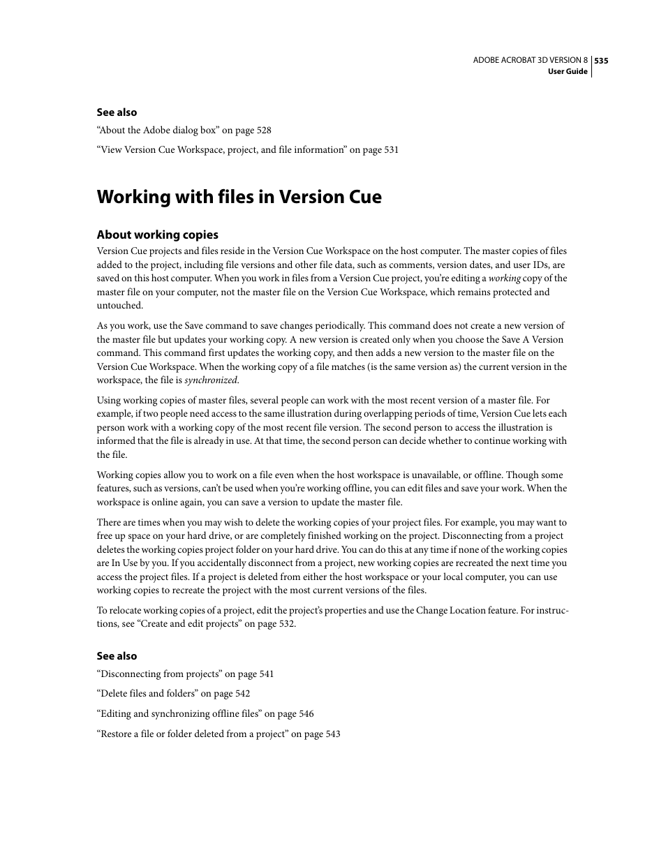 Working with files in version cue, About working copies | Adobe Acrobat 8 3D User Manual | Page 542 / 600