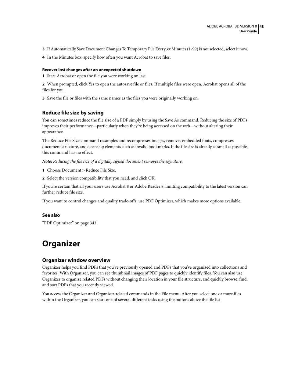 Reduce file size by saving, Organizer, Organizer window overview | Adobe Acrobat 8 3D User Manual | Page 55 / 600