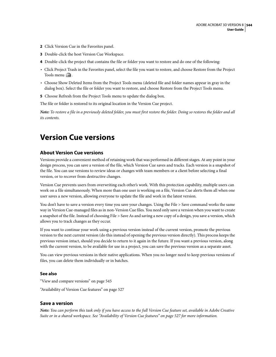 Version cue versions, About version cue versions, Save a version | Adobe Acrobat 8 3D User Manual | Page 551 / 600