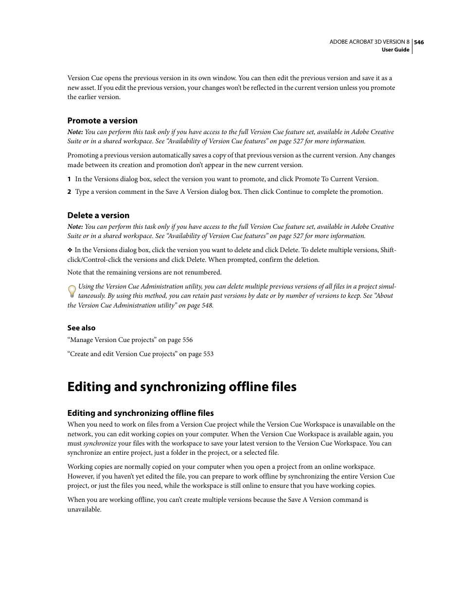 Promote a version, Delete a version, Editing and synchronizing offline files | Adobe Acrobat 8 3D User Manual | Page 553 / 600