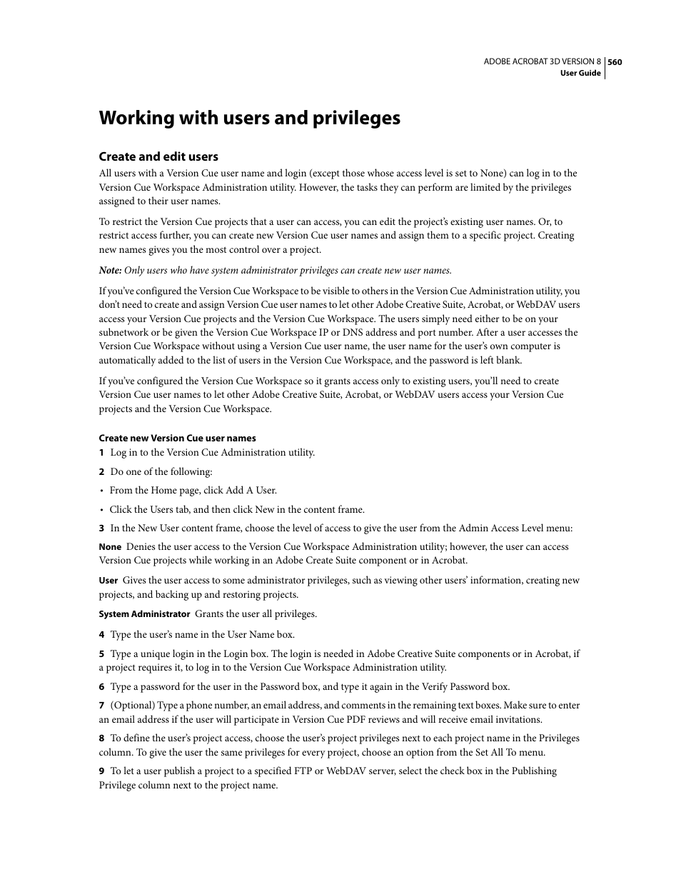 Working with users and privileges, Create and edit users | Adobe Acrobat 8 3D User Manual | Page 567 / 600