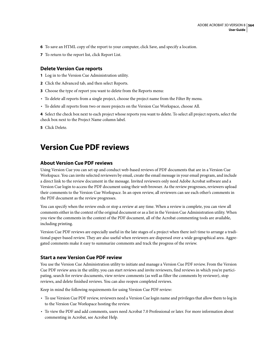 Delete version cue reports, Version cue pdf reviews, About version cue pdf reviews | Start a new version cue pdf review | Adobe Acrobat 8 3D User Manual | Page 571 / 600