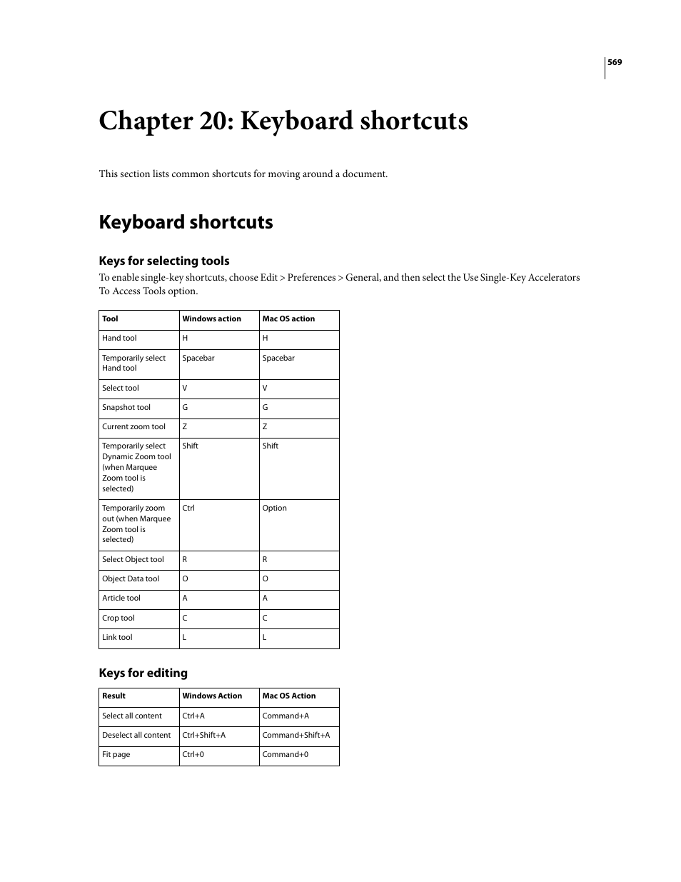 Chapter 20: keyboard shortcuts, Keyboard shortcuts, Keys for selecting tools | Keys for editing | Adobe Acrobat 8 3D User Manual | Page 576 / 600