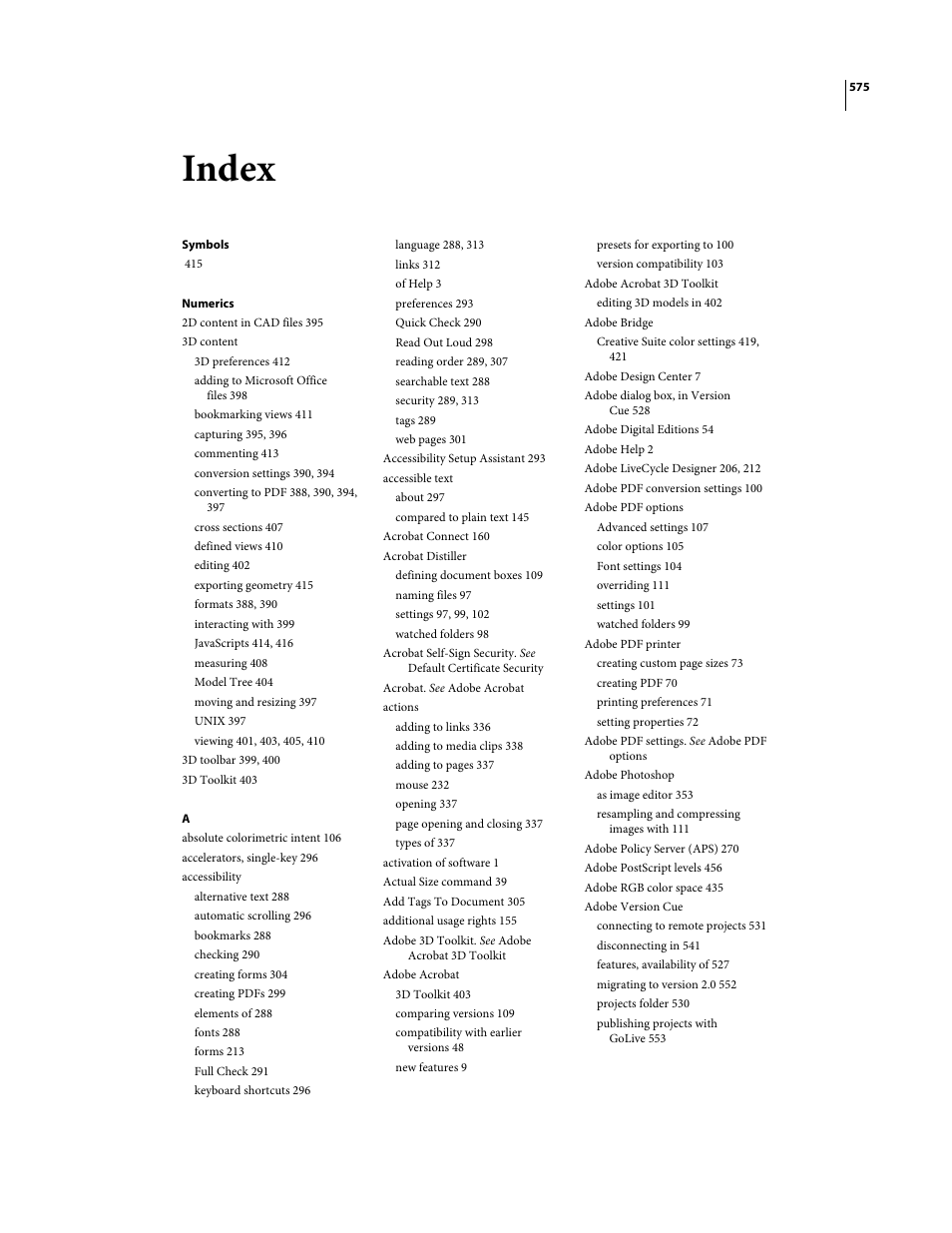 Index, Symbols, Numerics | Adobe Acrobat 8 3D User Manual | Page 582 / 600