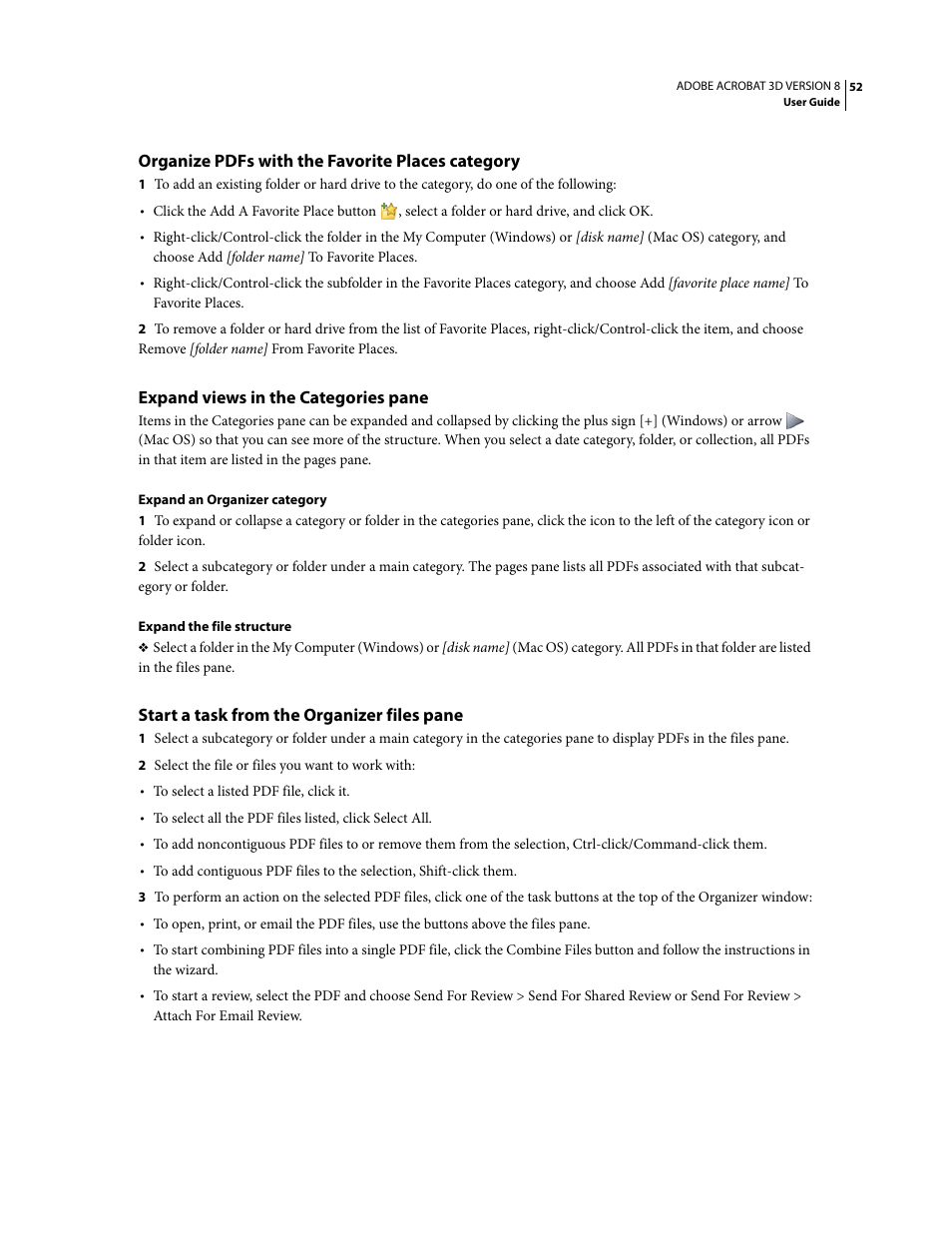 Organize pdfs with the favorite places category, Expand views in the categories pane, Start a task from the organizer files pane | Adobe Acrobat 8 3D User Manual | Page 59 / 600