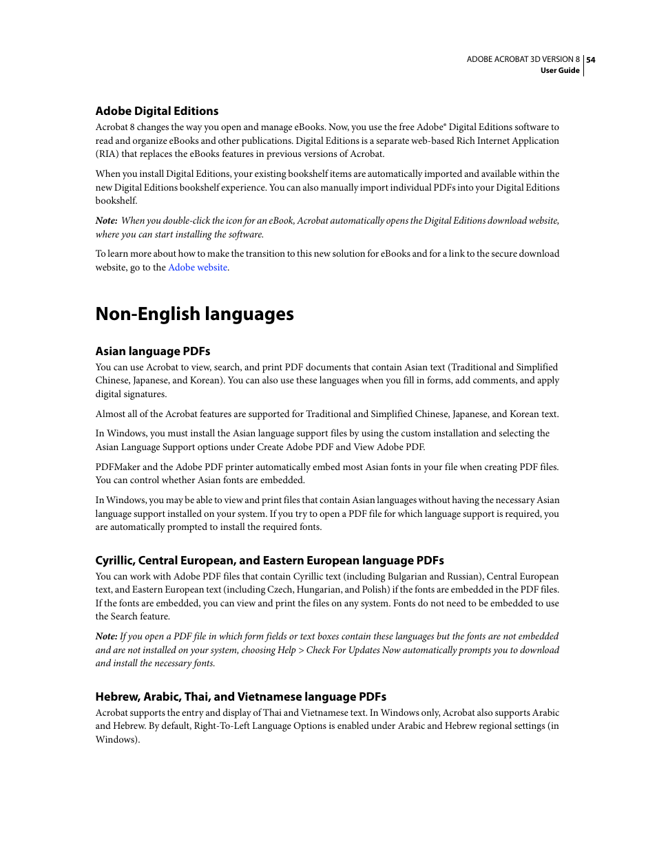 Adobe digital editions, Non-english languages, Asian language pdfs | Hebrew, arabic, thai, and vietnamese language pdfs | Adobe Acrobat 8 3D User Manual | Page 61 / 600