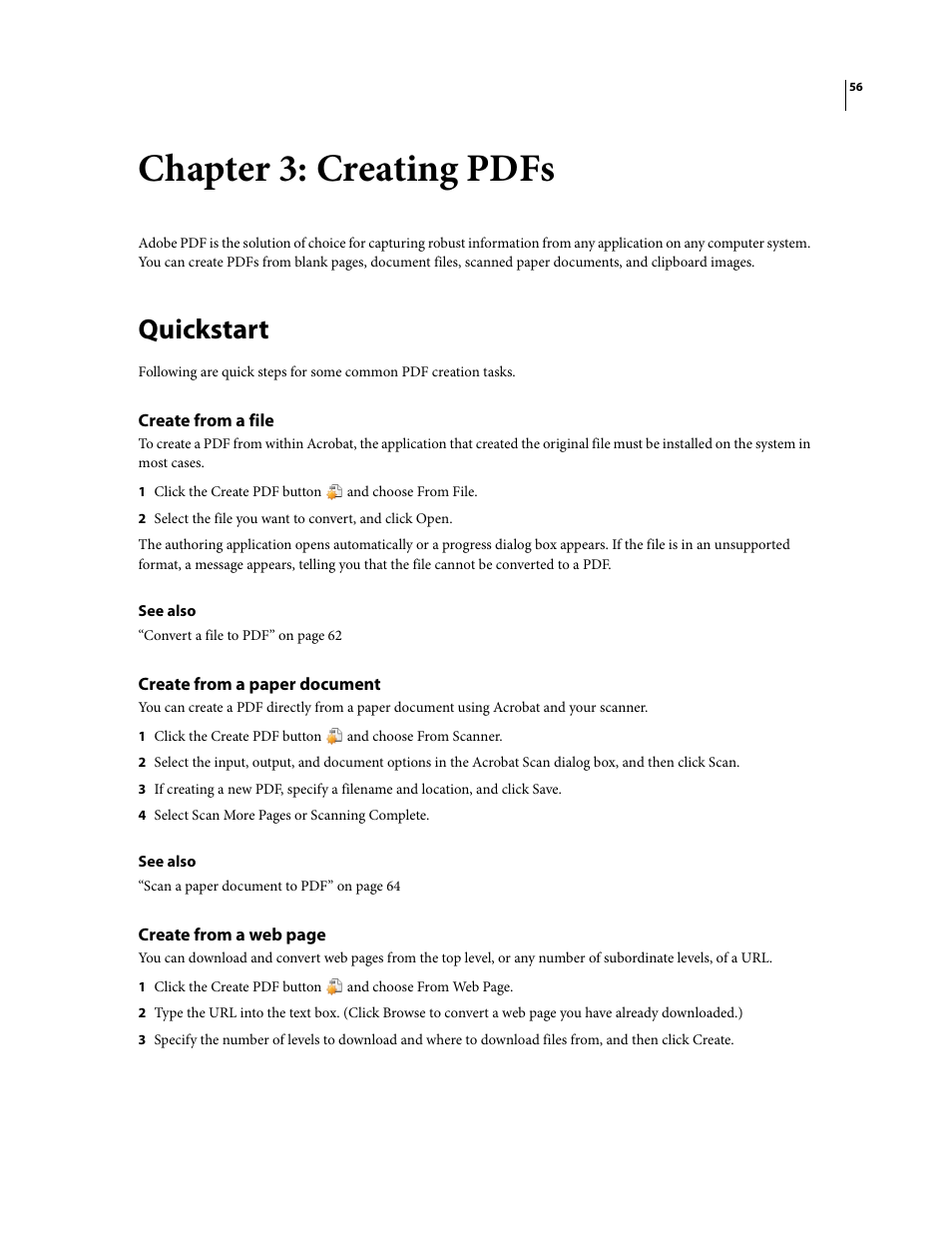 Chapter 3: creating pdfs, Quickstart, Create from a file | Create from a paper document | Adobe Acrobat 8 3D User Manual | Page 63 / 600