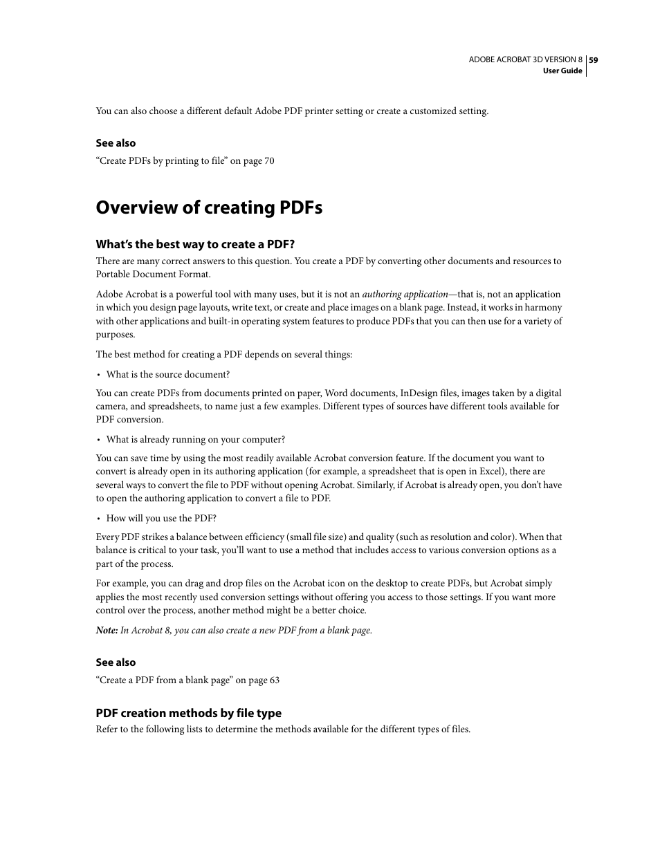 Overview of creating pdfs, What’s the best way to create a pdf, Pdf creation methods by file type | Adobe Acrobat 8 3D User Manual | Page 66 / 600