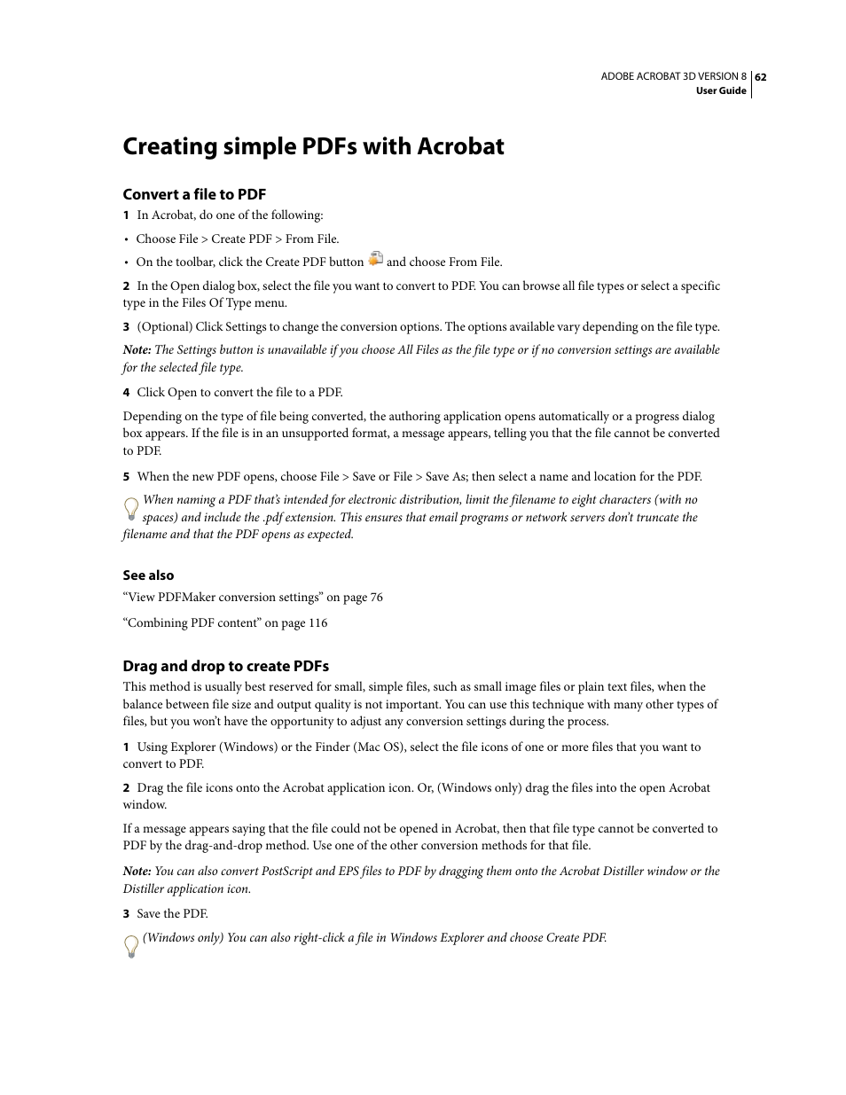 Creating simple pdfs with acrobat, Convert a file to pdf, Drag and drop to create pdfs | Adobe Acrobat 8 3D User Manual | Page 69 / 600