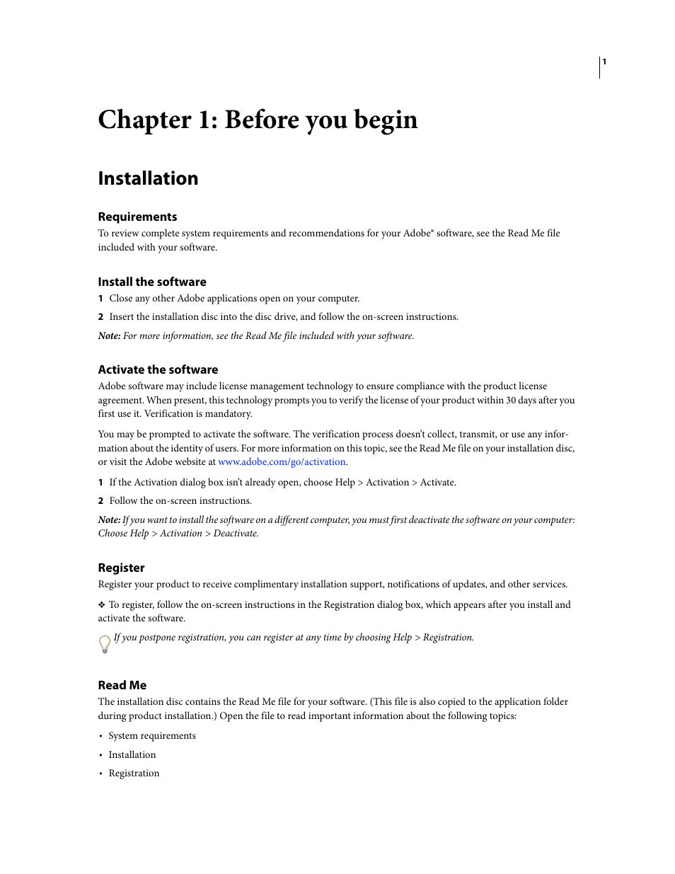 Chapter 1: before you begin, Installation, Requirements | Install the software, Activate the software, Register, Read me | Adobe Acrobat 8 3D User Manual | Page 8 / 600