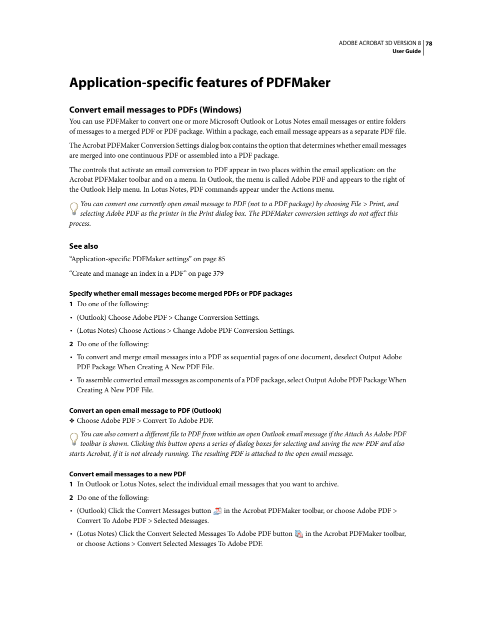 Application-specific features of pdfmaker, Convert email messages to pdfs (windows) | Adobe Acrobat 8 3D User Manual | Page 85 / 600