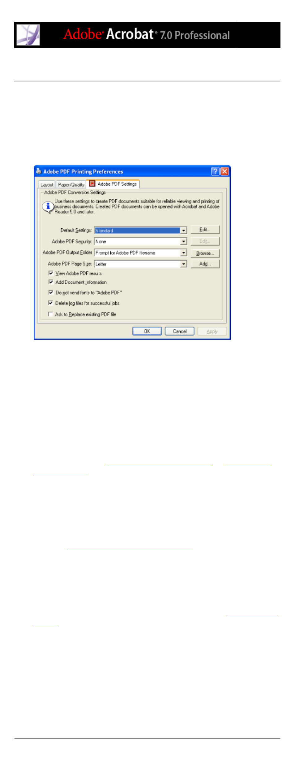 Setting adobe pdf printing preferences (windows), Printing preferences, Adobe pdf settings. see adobe pdf options | Preferences, adobe pdf printer | Adobe Acrobat 7 Professional User Manual | Page 106 / 793