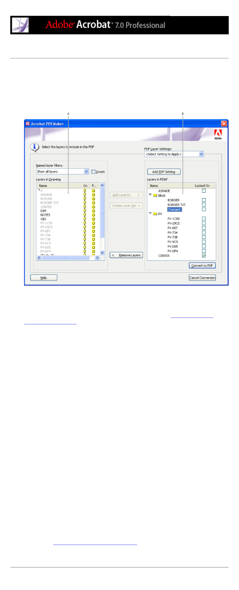 Layers, Defining in autocad conversions, Selecting | Autocad layers to convert to adobe pdf layers | Adobe Acrobat 7 Professional User Manual | Page 125 / 793