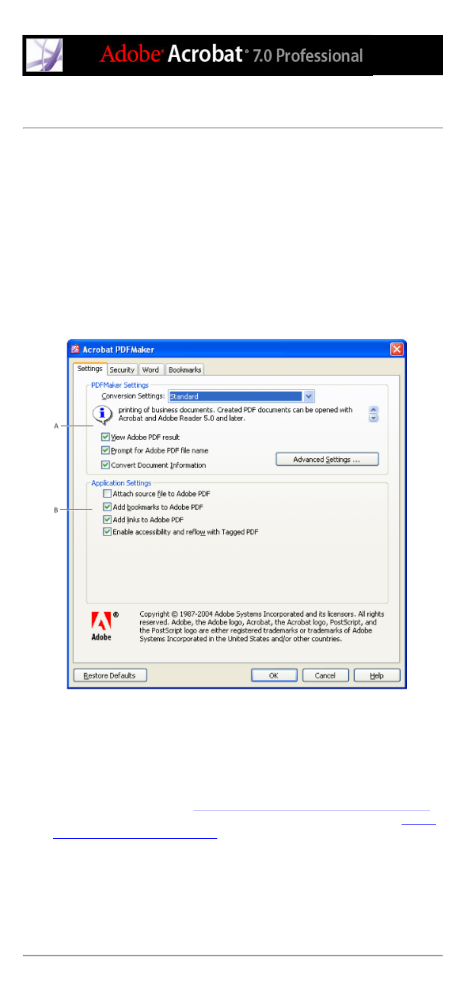 Editing pdfmaker conversion settings (windows), Changing conversion settings, Security tab, acrobat pdfmaker dialog box | Editing, Pdfmaker conversion settings (windows) | Adobe Acrobat 7 Professional User Manual | Page 127 / 793