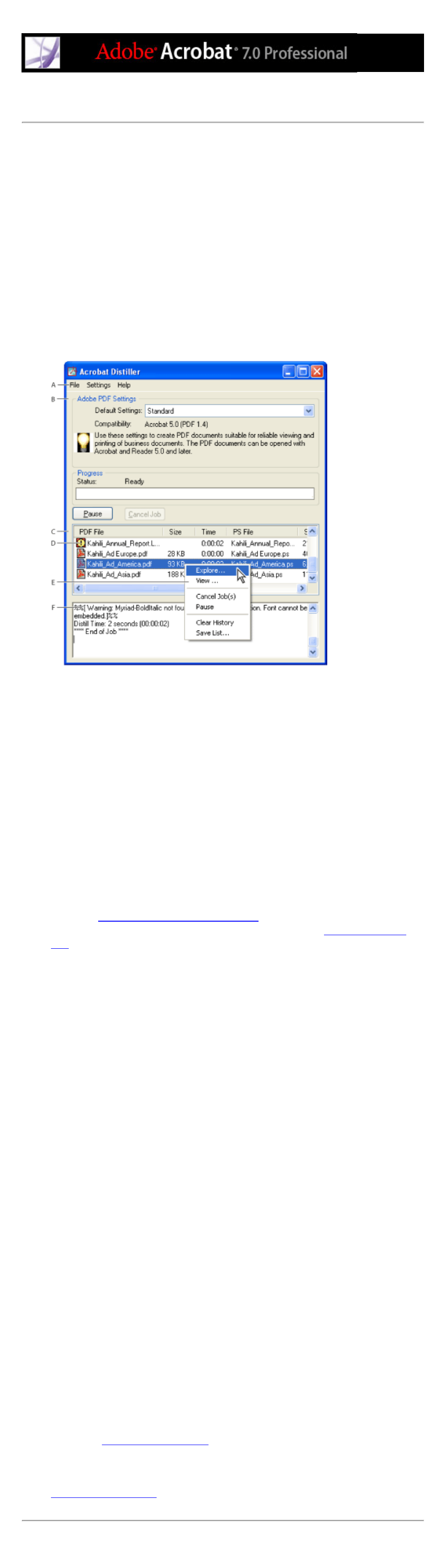 Creating adobe pdf files using acrobat distiller, Creating, Adobe pdf files using acrobat distiller | Adobe Acrobat 7 Professional User Manual | Page 129 / 793