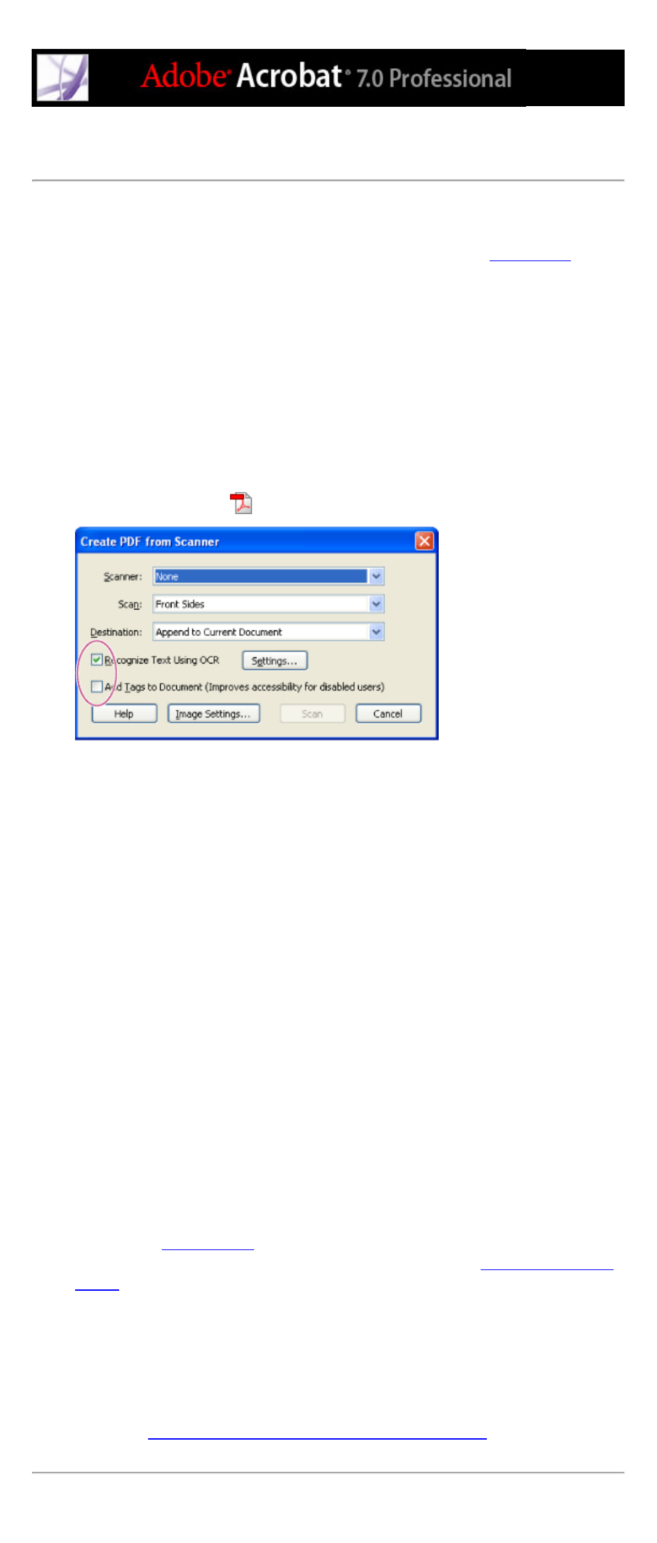 Create pdf from scanner command, Downsample images option (scanning), Ocr, adding to documents while scanning | Scanning, Compressing images, Creating pdf from, Converting scanned pages to adobe pdf | Adobe Acrobat 7 Professional User Manual | Page 137 / 793