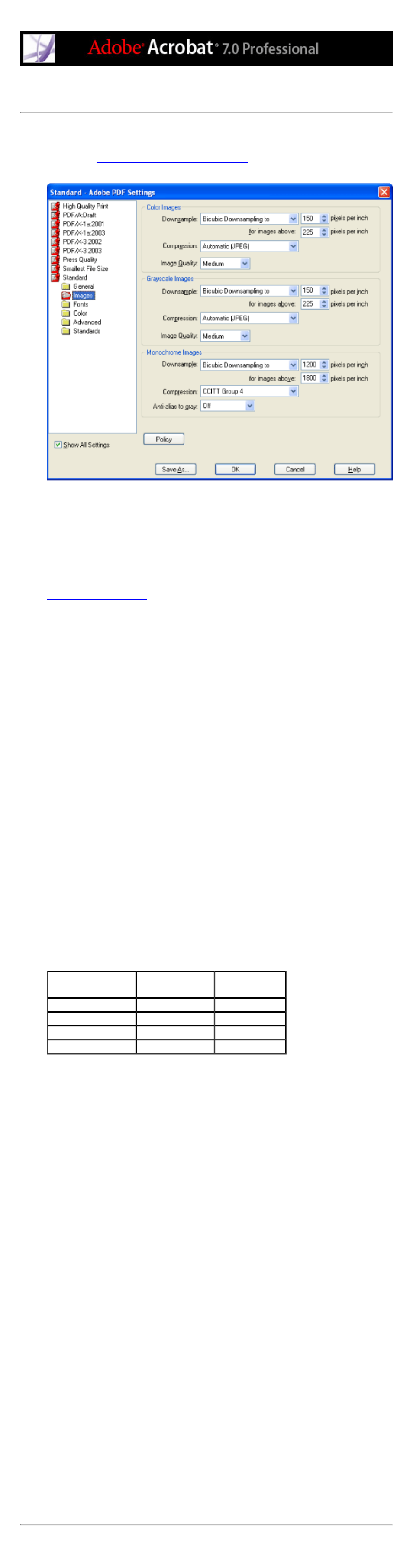 Images options, Image option settings, Anti-alias to gray option | Average downsampling to option, Bicubic downsampling, Color images, resampling and compressing, Line art, Text, Average, Bicubic | Adobe Acrobat 7 Professional User Manual | Page 157 / 793