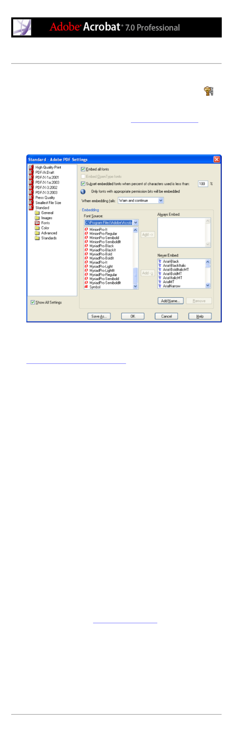 Fonts options, Font settings, Embed all fonts option | Fonts, threshold, Adobe pdf settings, Default, Specifying a threshold, Threshold, font embedding, When embedding fails option | Adobe Acrobat 7 Professional User Manual | Page 158 / 793