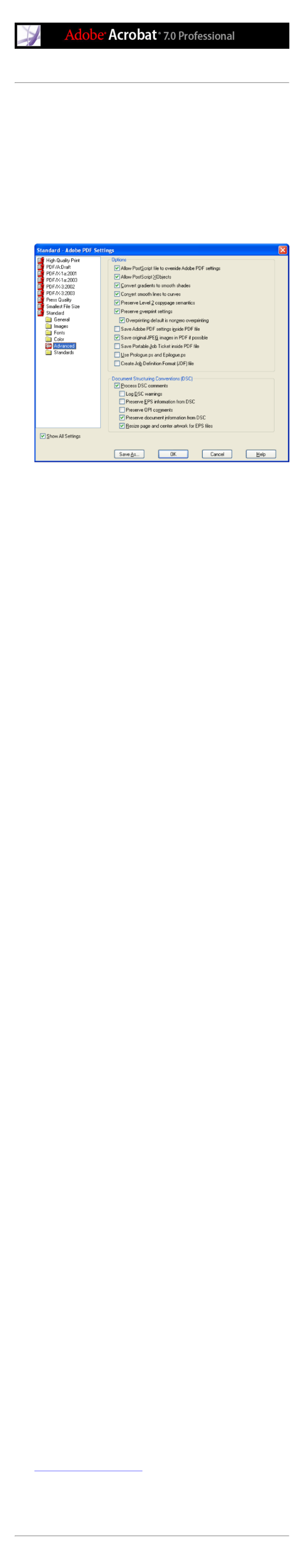 Advanced options, Advanced settings, Advanced adobe pdf options | Allow postscript xobjects option, Convert gradients to smooth shades option, Dsc comments, retaining, Epilogue files, Centering and resizing, Keeping origin information, Creating | Adobe Acrobat 7 Professional User Manual | Page 160 / 793