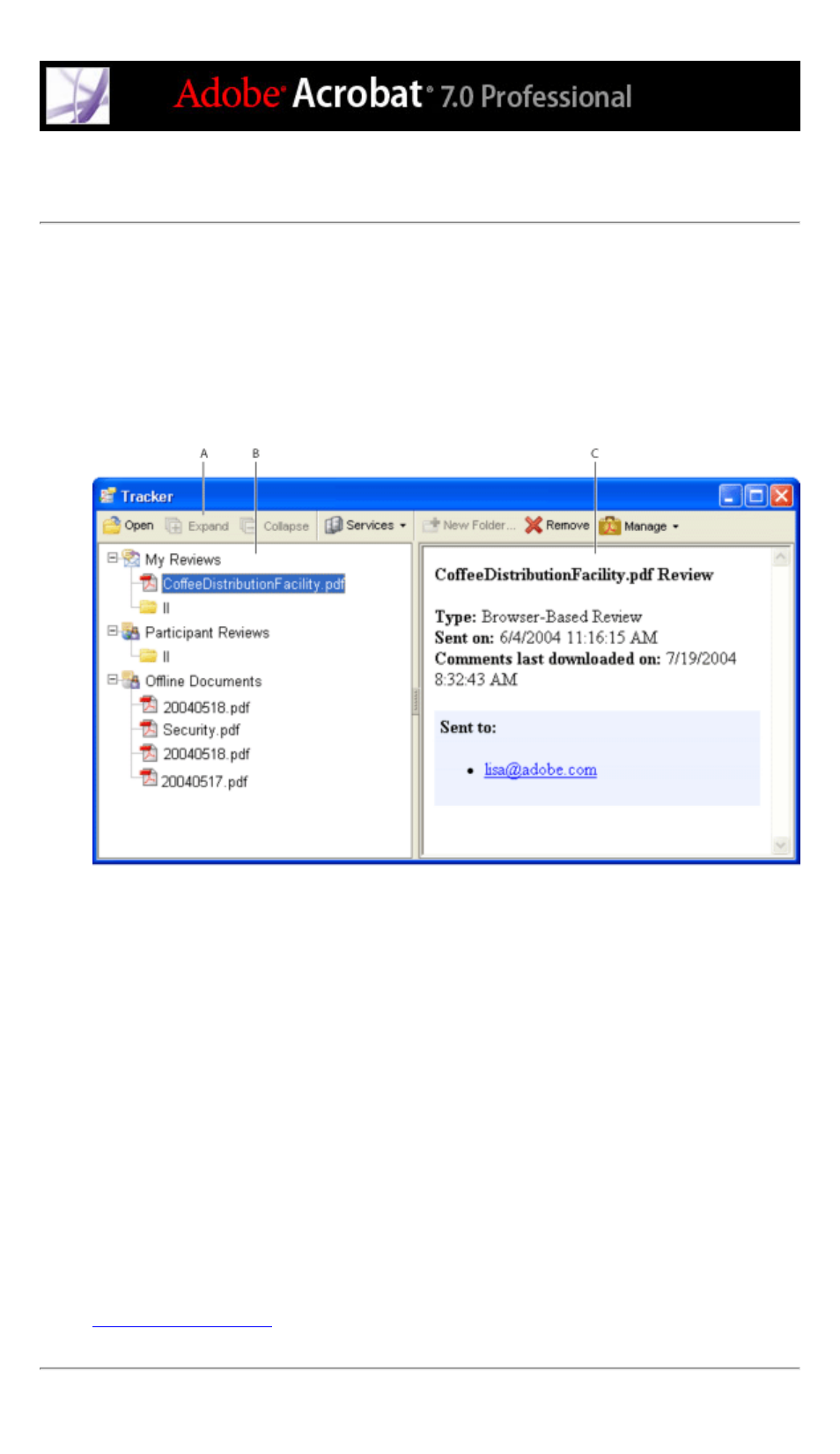 Tracking review comments, Tracking reviews, Managing reviews | Tracker, reviewing, Tracking review, Comments | Adobe Acrobat 7 Professional User Manual | Page 285 / 793