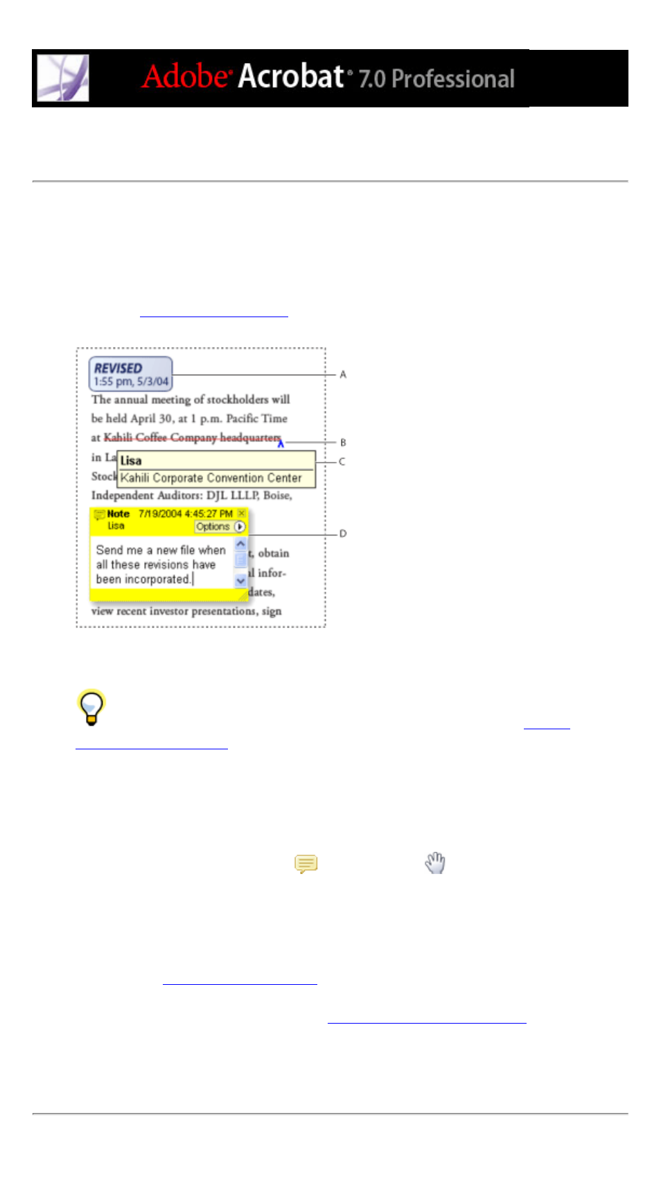 Viewing and reviewing comments, Viewing, Opening | Note comments, Icons for, Markups. see marking up documents, About, Reviewing others' comments | Adobe Acrobat 7 Professional User Manual | Page 294 / 793