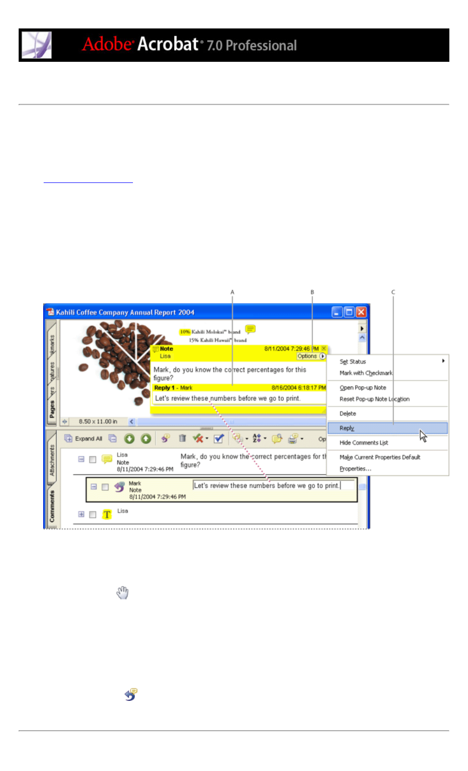 Replying to another reviewer's comments, Replying to, Pop-up bar, replying to comments | Reply command, Replying to comments, Threaded comments, replying | Adobe Acrobat 7 Professional User Manual | Page 295 / 793