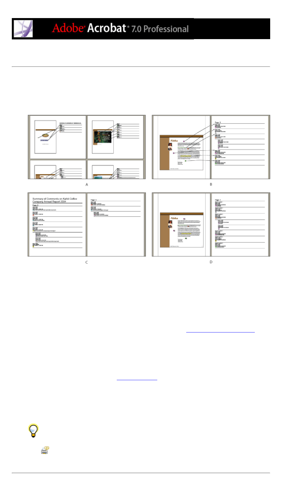 Printing a summary of comments, Summarizing and printing, Create pdf of comments summary command | Printing, Summarizing comments | Adobe Acrobat 7 Professional User Manual | Page 306 / 793