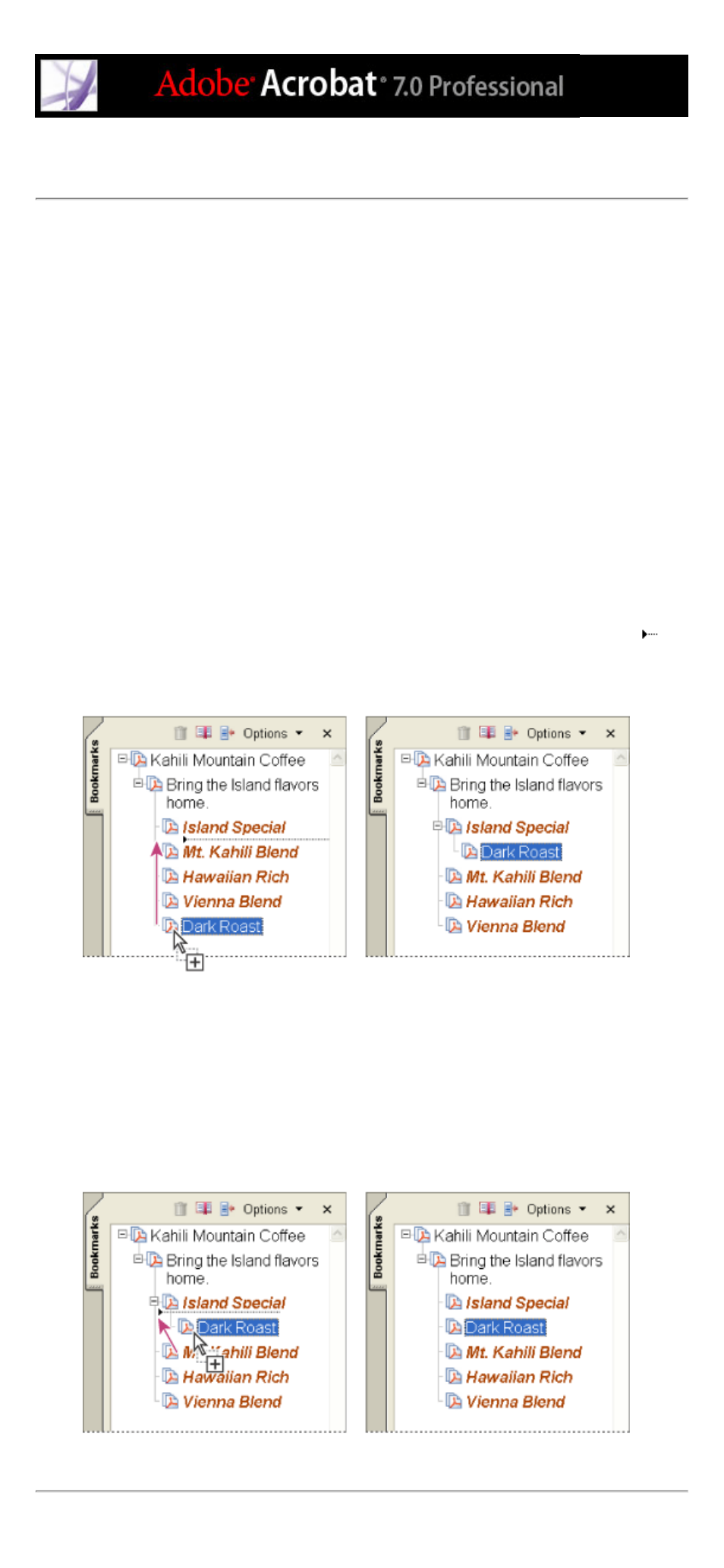 Creating a bookmark hierarchy, Expanding and collapsing, Nesting | Rearranging, Nested bookmarks | Adobe Acrobat 7 Professional User Manual | Page 432 / 793