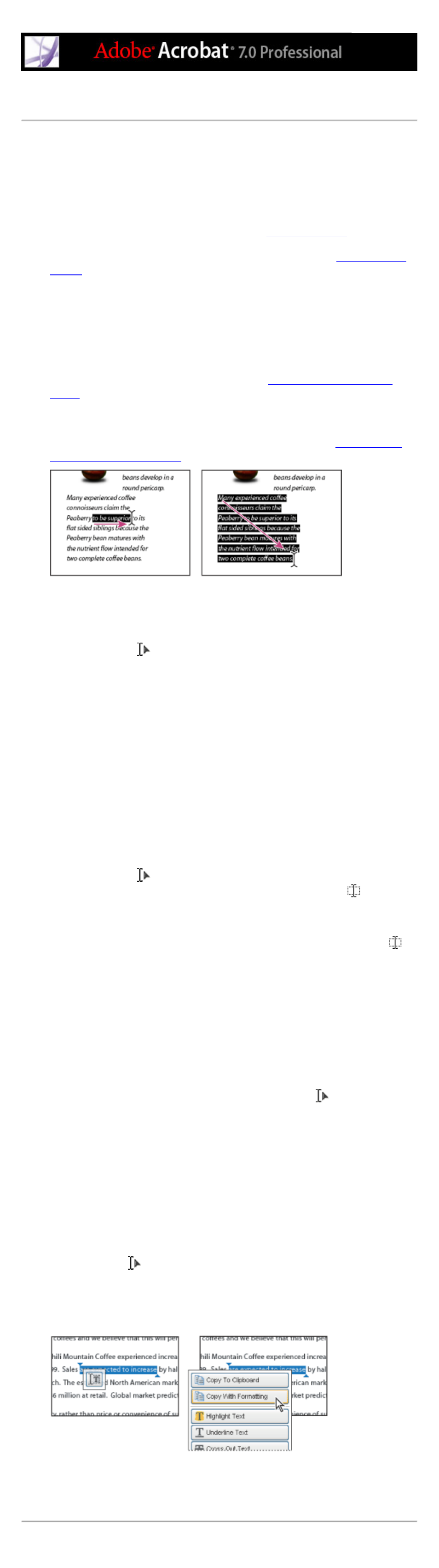 Copying text, Selecting, Font substitution | Prohibited, Tables, In copied text, As select tool, Text, Copying and pasting, Copying, prohibited | Adobe Acrobat 7 Professional User Manual | Page 458 / 793