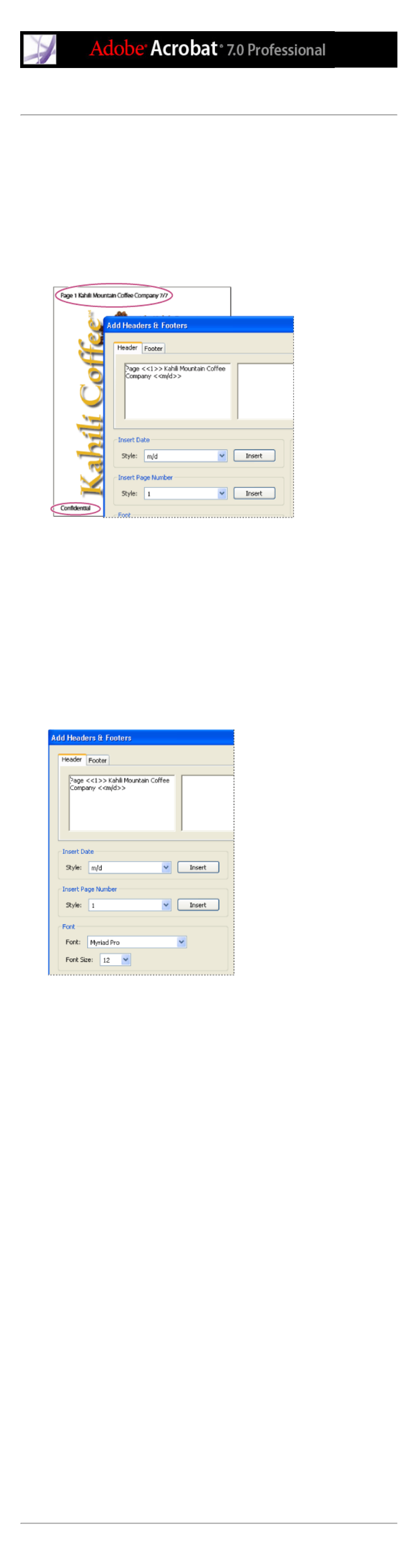Adding headers and footers, Headers and footers, Deleting | Editing, See also headers and footers, Undo headers/footers command, Adding | Adobe Acrobat 7 Professional User Manual | Page 485 / 793