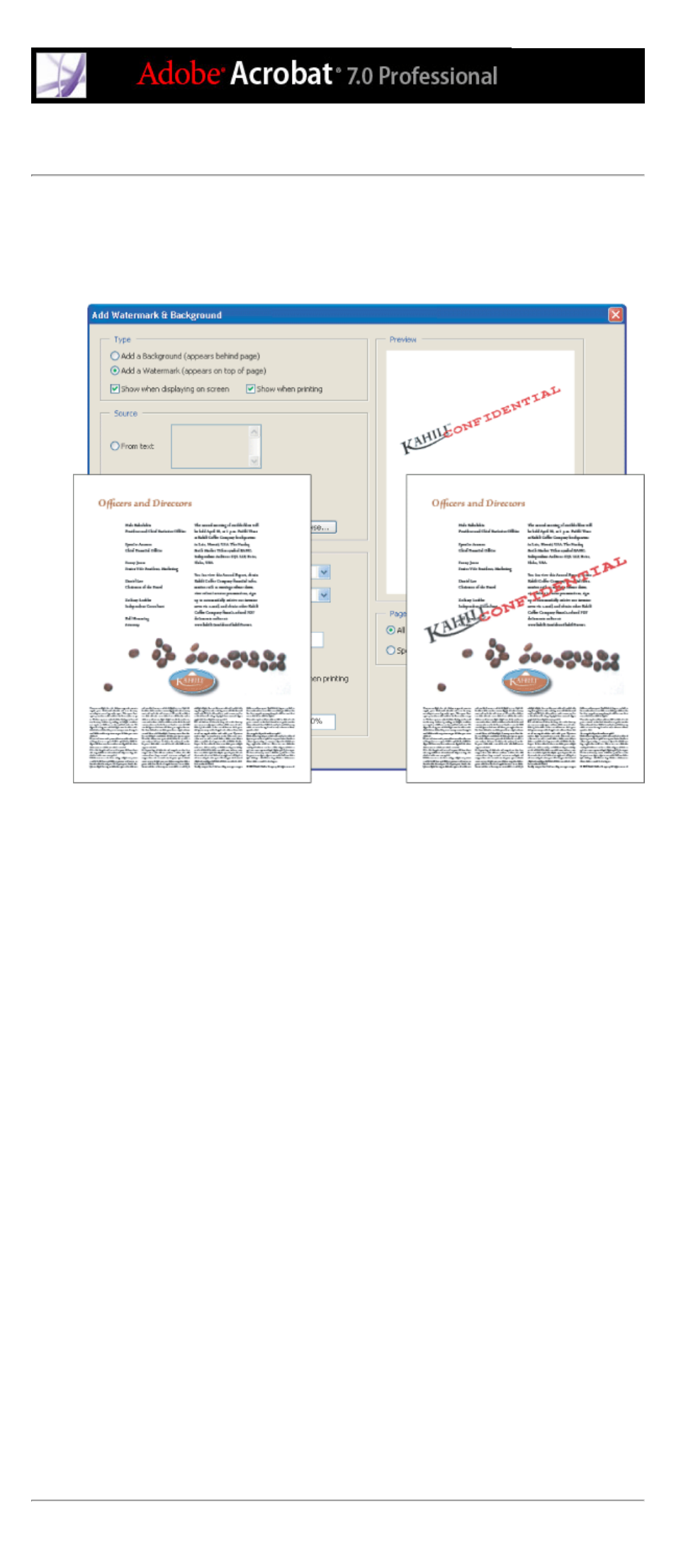 Adding watermarks and backgrounds, Removing, Backgrounds and watermarks | Adobe Acrobat 7 Professional User Manual | Page 486 / 793