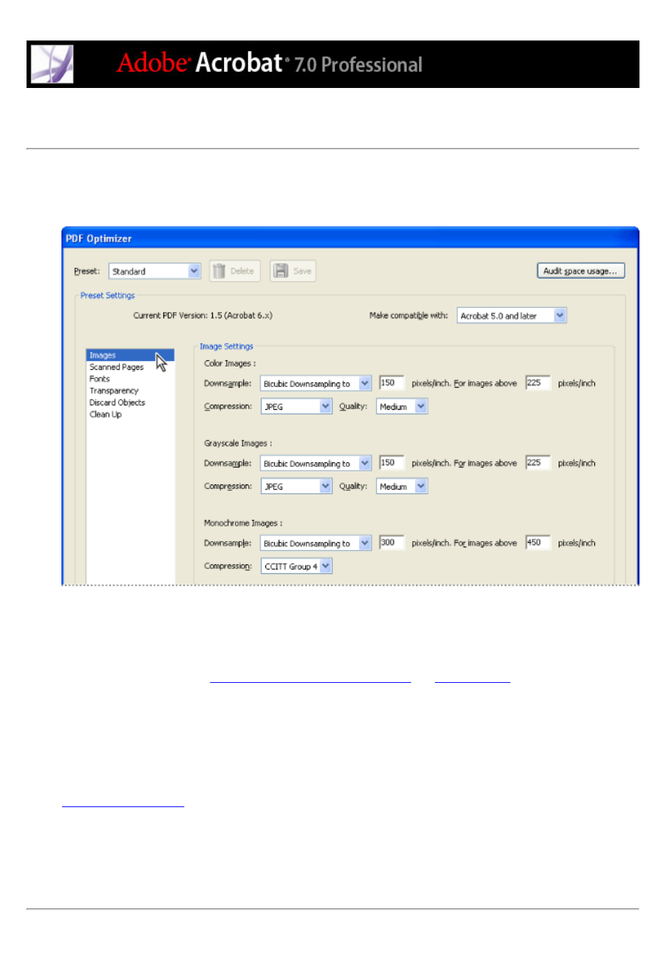 Using images settings, In pdf optimizer, Lossy and lossless | Reducing file size, Images panel (pdf optimizer), Quality of images. see compression, See also downsampling | Adobe Acrobat 7 Professional User Manual | Page 508 / 793