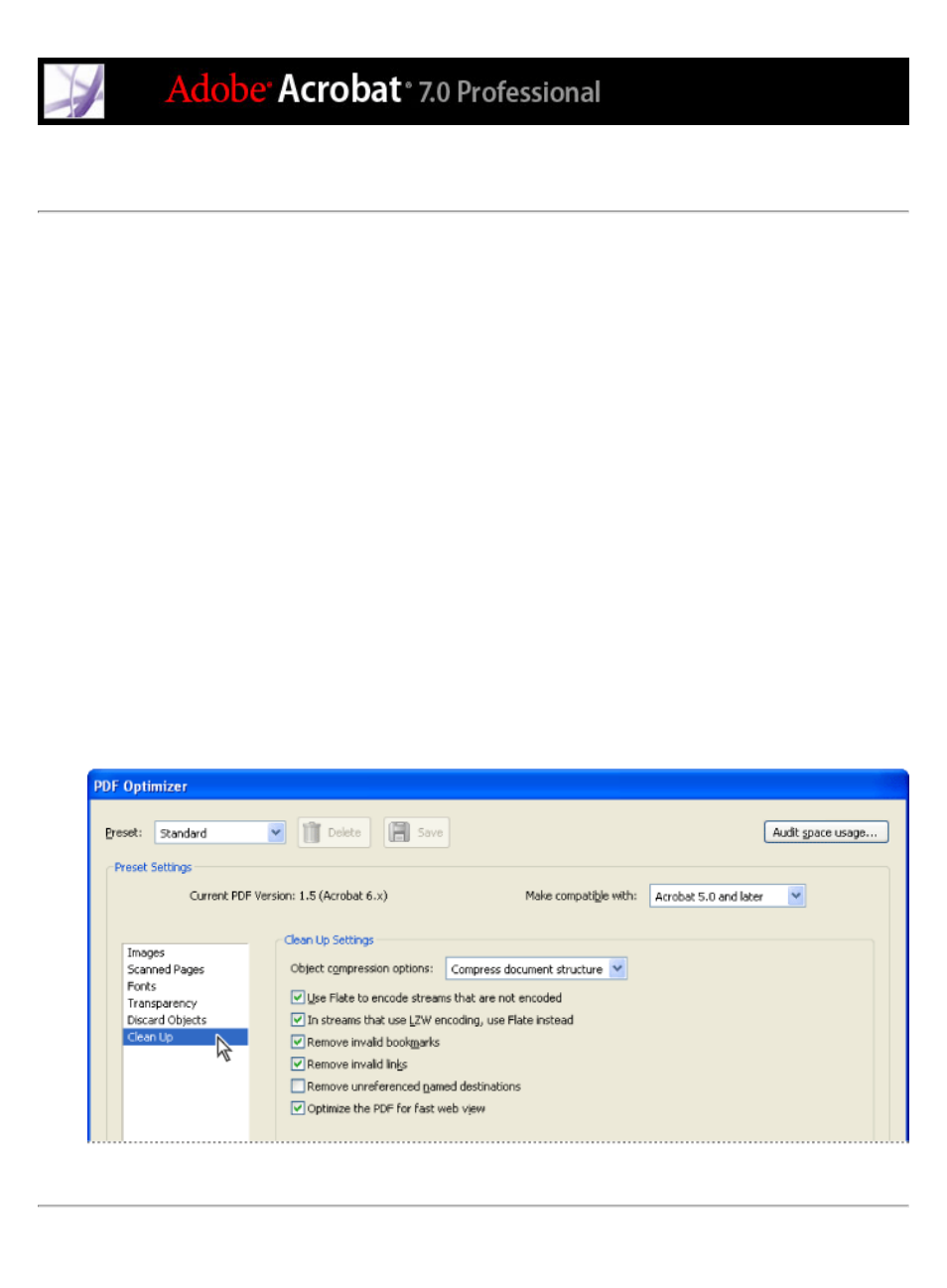 Using clean up settings, Clean up panel (pdf optimizer), Reducing file size | Adobe Acrobat 7 Professional User Manual | Page 513 / 793