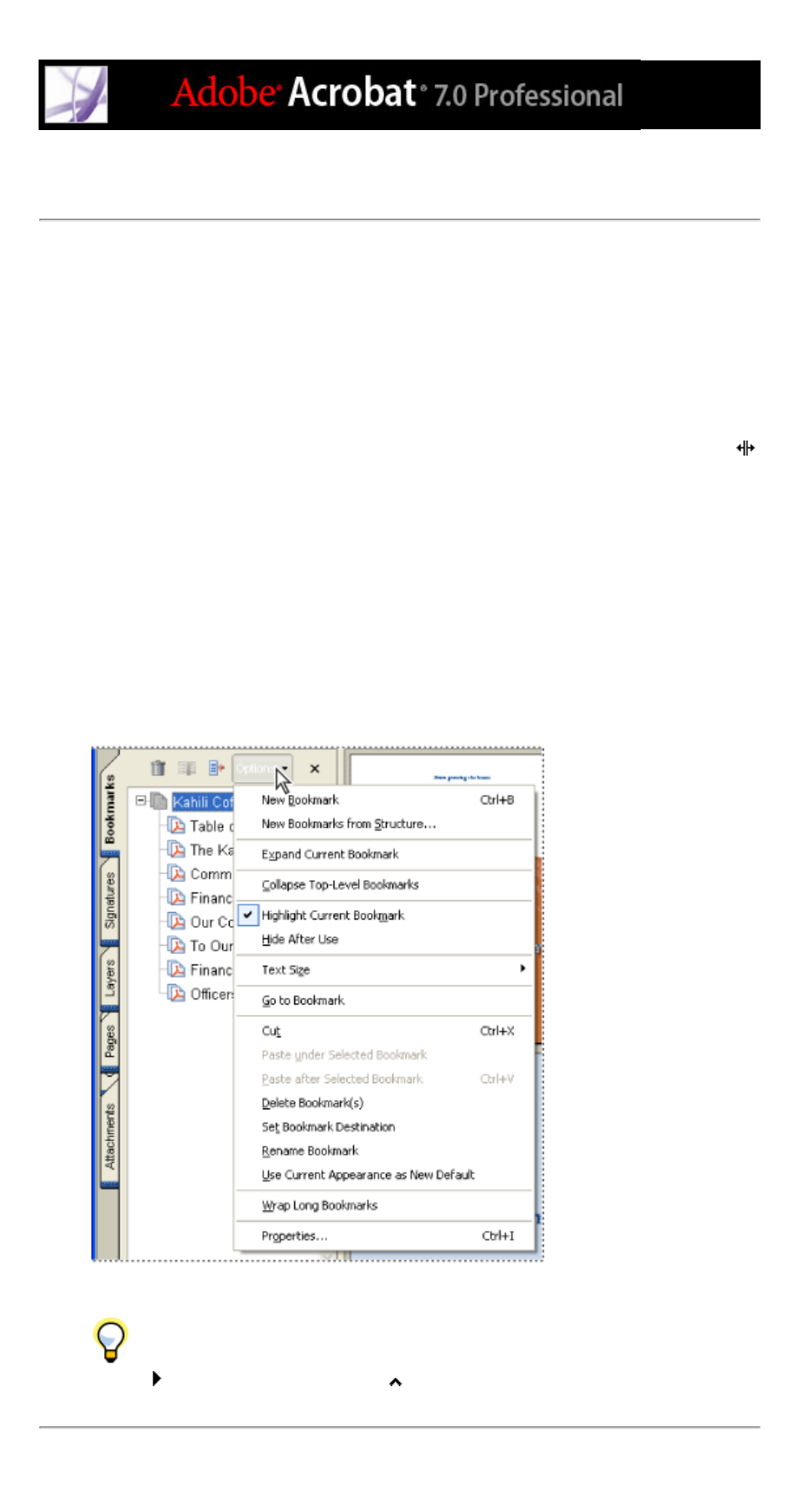 Using the navigation tabs, Navigation tabs, Document status command | File attachments command, Floating panels, Showing and hiding, Choosing in web browser | Adobe Acrobat 7 Professional User Manual | Page 53 / 793