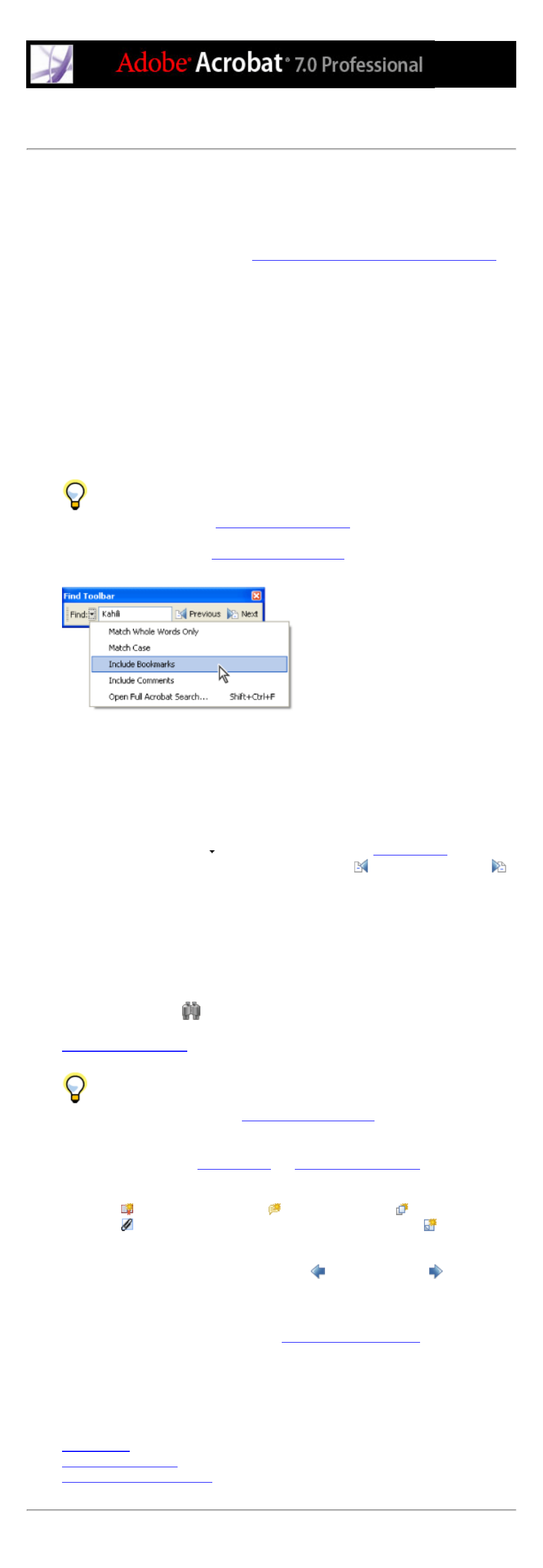 Searching for words in an adobe pdf document, Searching, Find toolbar | Searching metadata in, Searching data of, Find command, Xif format, searching metadata in | Adobe Acrobat 7 Professional User Manual | Page 546 / 793