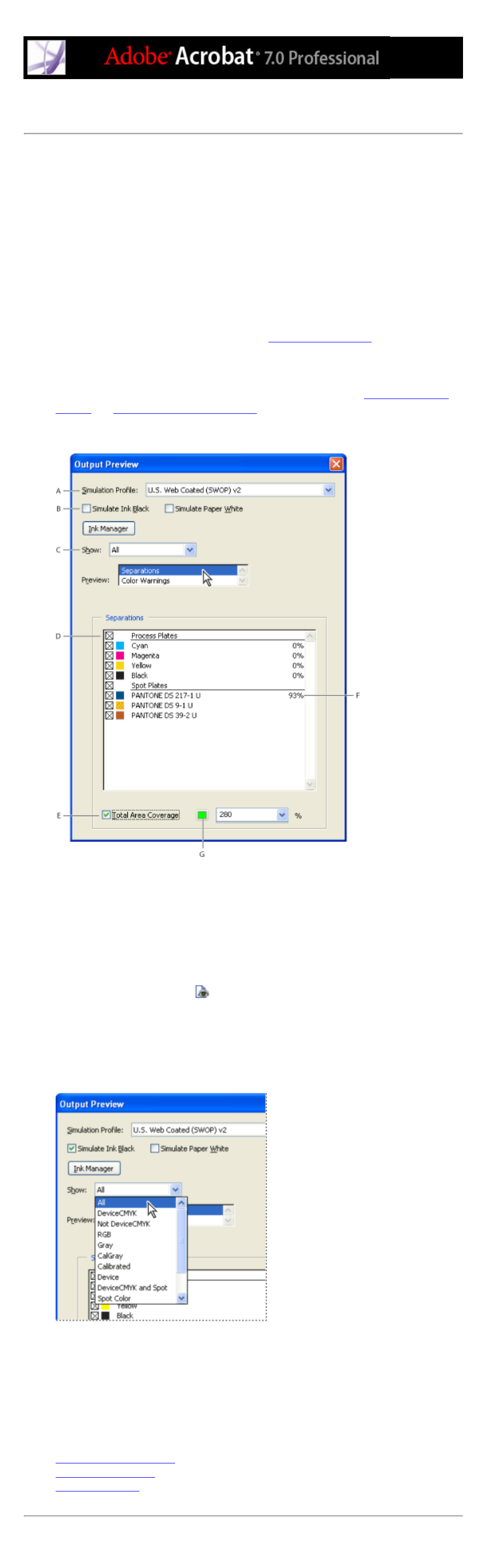 Previewing output, Output condition, previewing, Output preview dialog box | Output conditions | Adobe Acrobat 7 Professional User Manual | Page 591 / 793