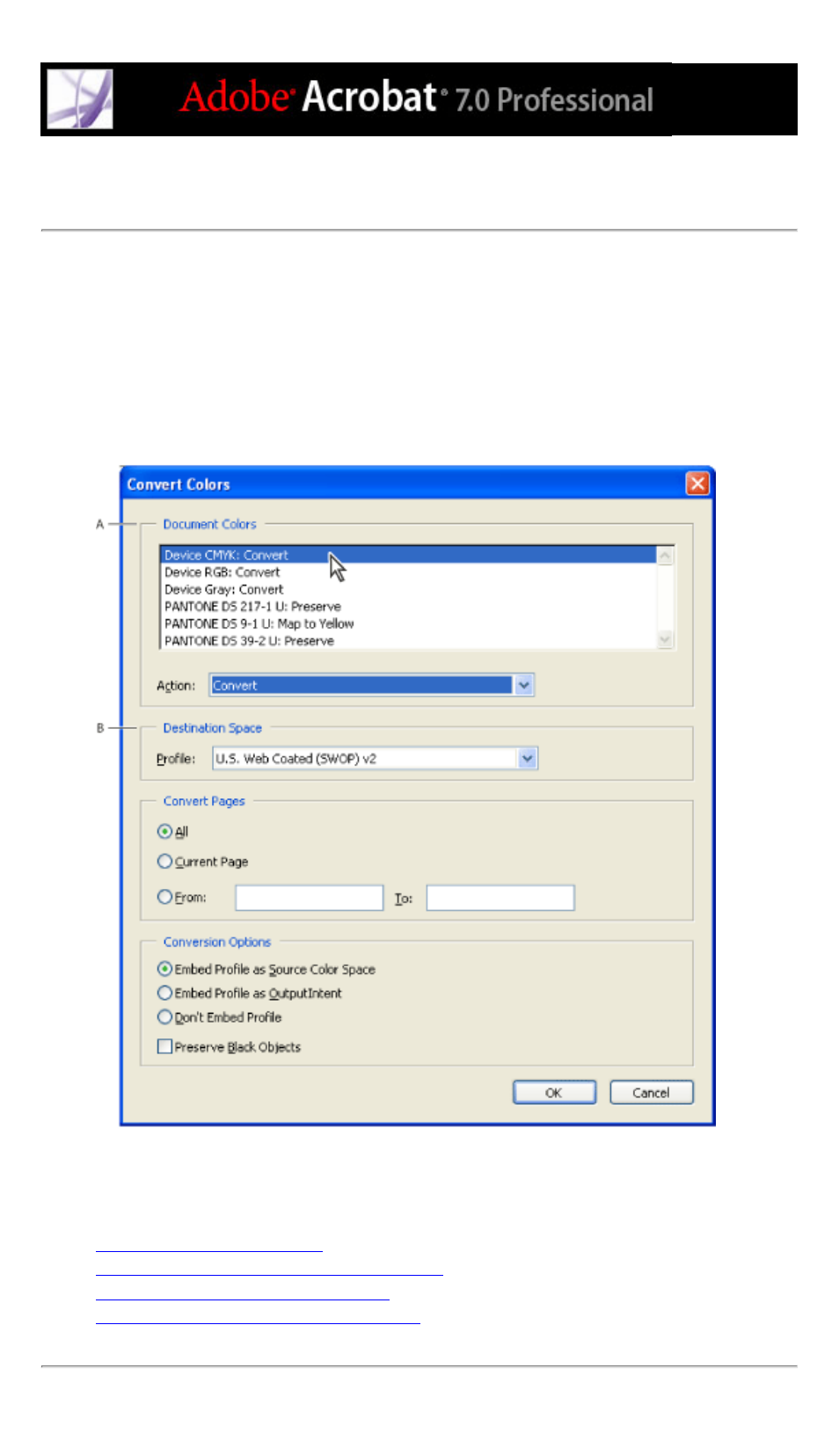 Converting colors, Converting to destination space, Colors in document | Adobe Acrobat 7 Professional User Manual | Page 595 / 793