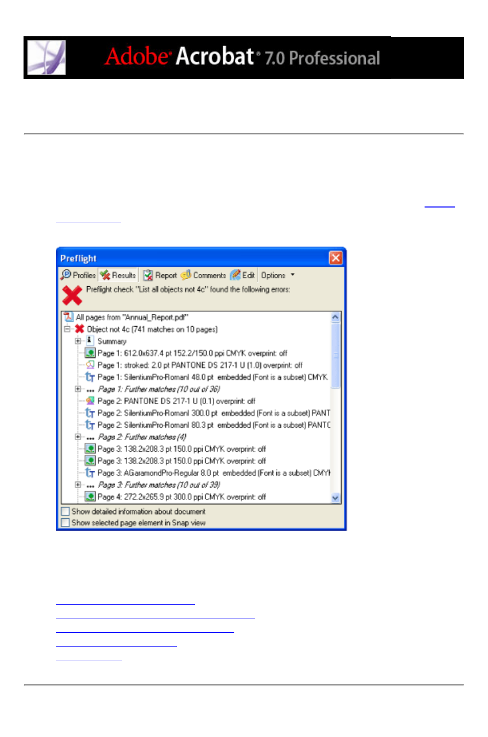 Working with preflight results, Viewing results, Working with | Preflight results | Adobe Acrobat 7 Professional User Manual | Page 611 / 793