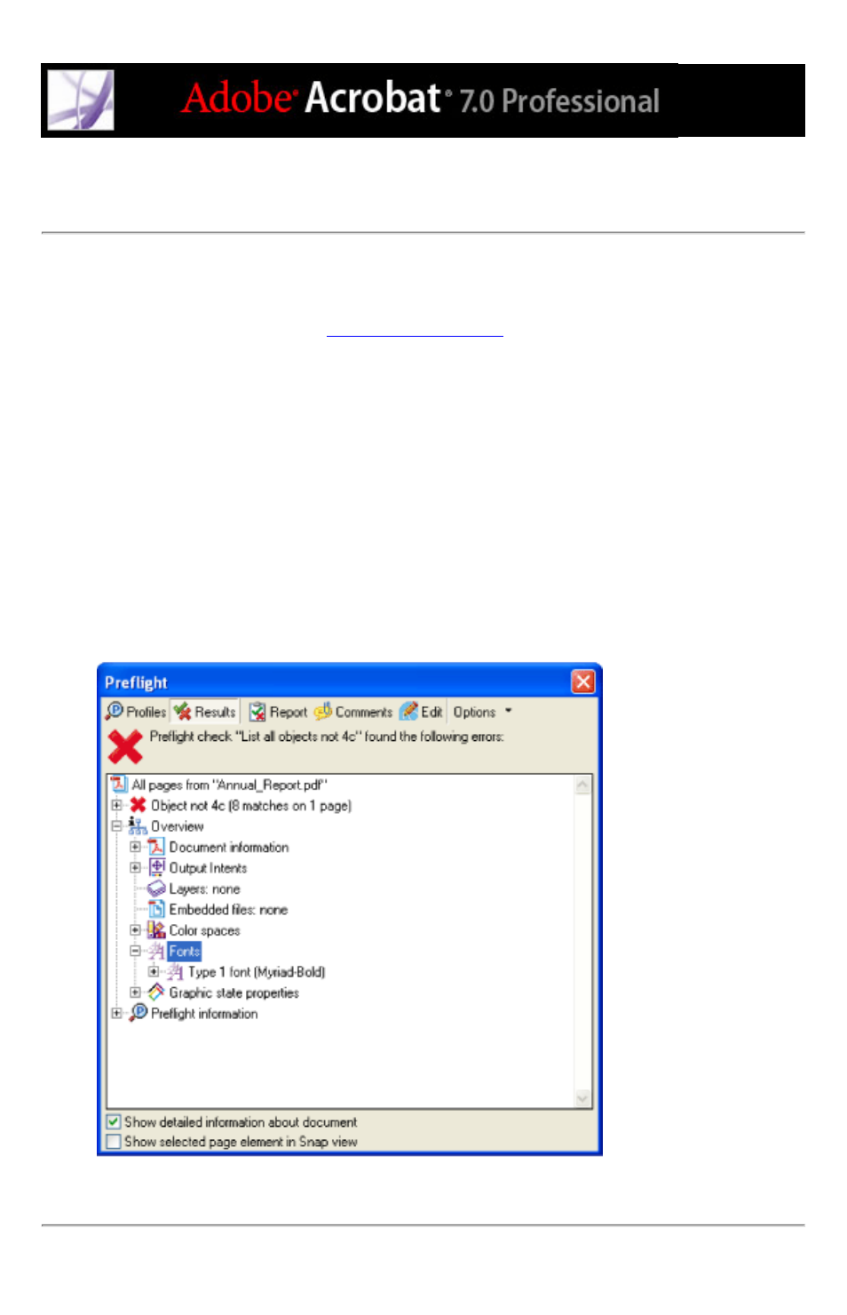 Viewing resources and general information, Viewing preflight results | Adobe Acrobat 7 Professional User Manual | Page 614 / 793