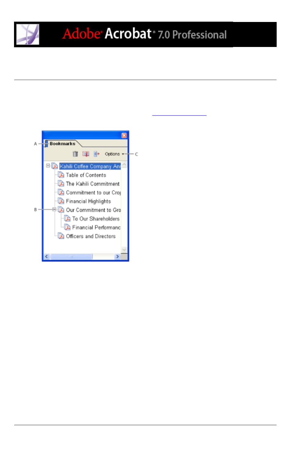 Navigating with bookmarks, Finding current, Hiding after use | Navigating with, Showing and hiding, Opening, Bookmarks, Bookmarks tab, With bookmarks, Table of contents. see bookmarks | Adobe Acrobat 7 Professional User Manual | Page 62 / 793