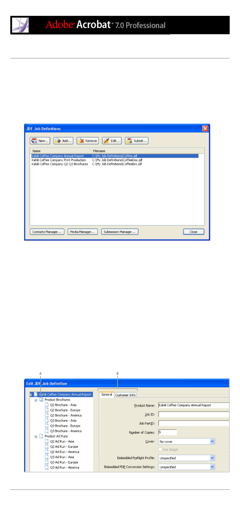 Viewing jdf job definitions, Components of a print job, viewing, Viewing | Specifications, viewing, Job definitions | Adobe Acrobat 7 Professional User Manual | Page 665 / 793