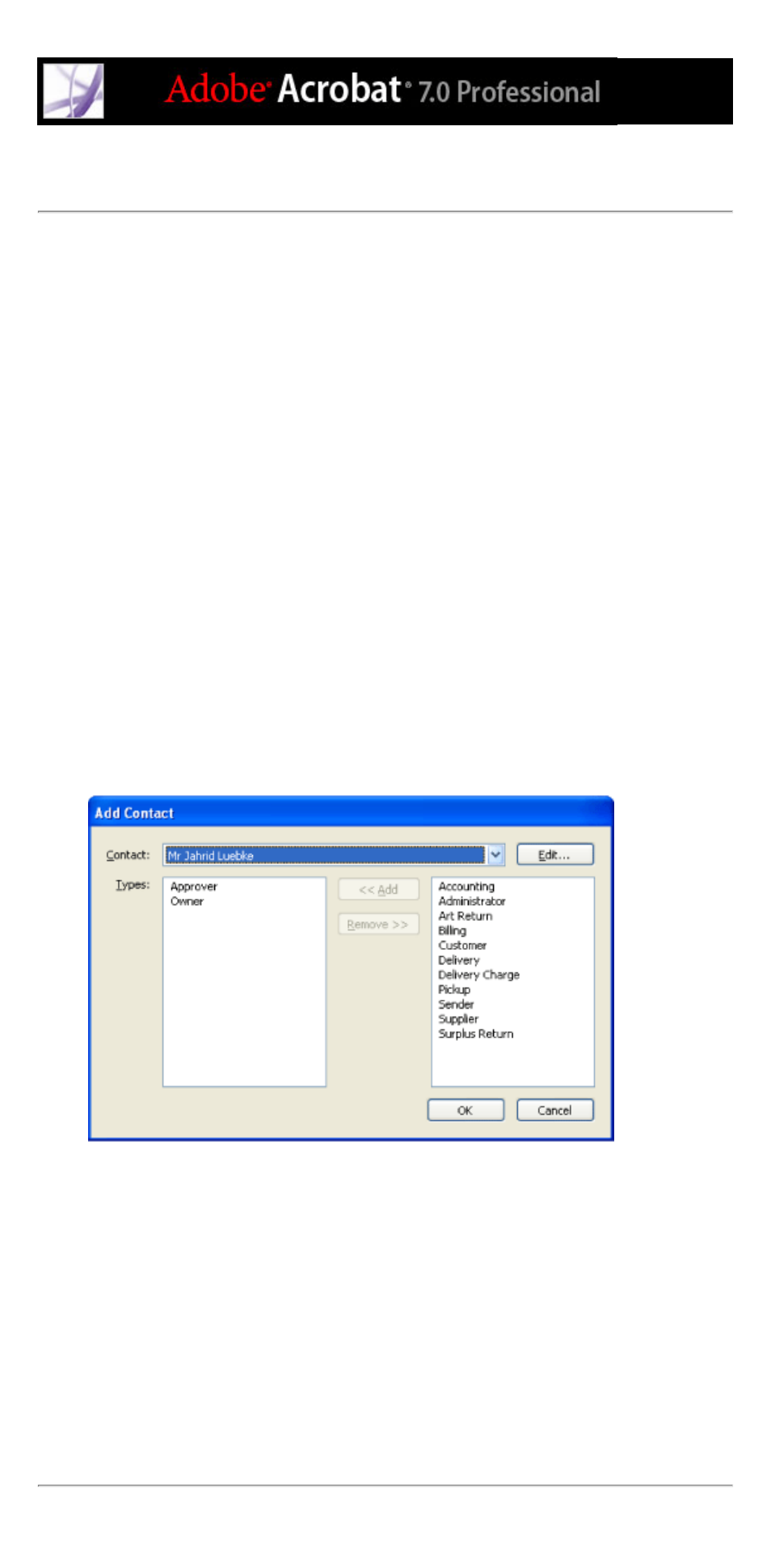 Specifying contact information, Contact information, specifying for print job, Contact information, adding | Contact information, specifying | Adobe Acrobat 7 Professional User Manual | Page 672 / 793