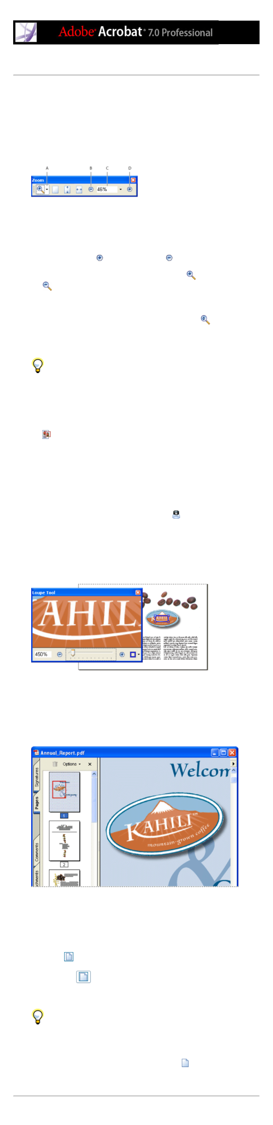 Magnifying and reducing the view, Actual size command, Dynamic zoom tool | Fit visible command, Fit width button, Loupe tool, See also zooming, Resizing view, Pan & zoom window command, Magnifying and reducing | Adobe Acrobat 7 Professional User Manual | Page 70 / 793