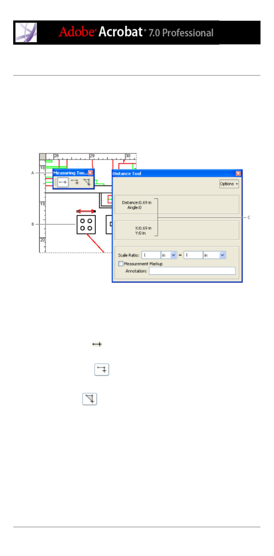 Measuring objects in a document, Area tool, Measuring | Distance tool, Measuring distances, Measuring toolbar, Perimeter tool | Adobe Acrobat 7 Professional User Manual | Page 80 / 793