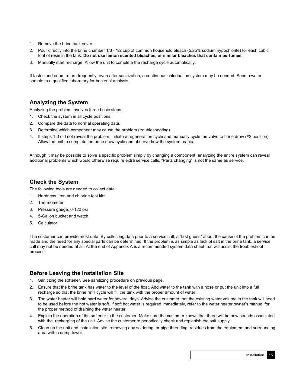 Analyzing the system, Check the system, Before leaving the installation site | Culligan Soft-Minder 2005 User Manual | Page 15 / 33