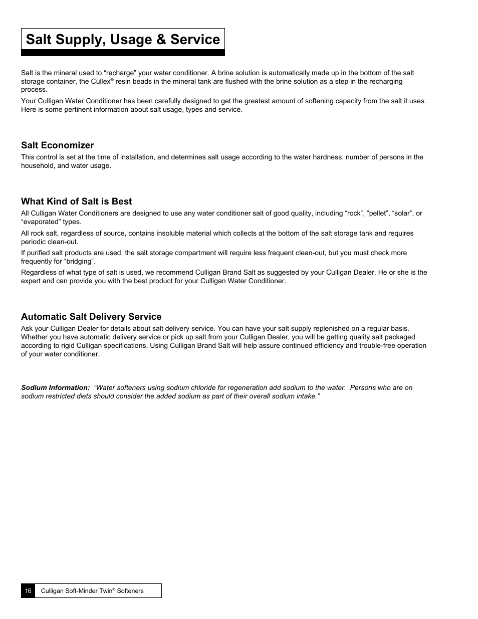 Salt supply, usage & service, Salt economizer, What kind of salt is best | Automatic salt delivery service | Culligan Soft-Minder 2005 User Manual | Page 16 / 33
