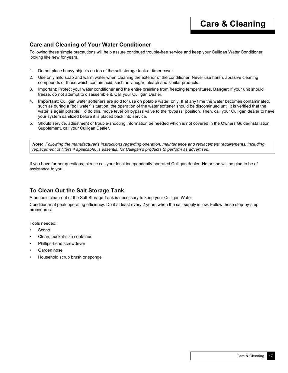 Care & cleaning, Care and cleaning of your water conditioner | Culligan Soft-Minder 2005 User Manual | Page 17 / 33
