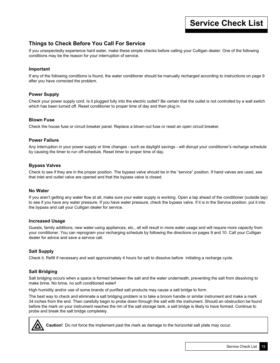 Service check list, Things to check before you call for service | Culligan Soft-Minder 2005 User Manual | Page 19 / 33