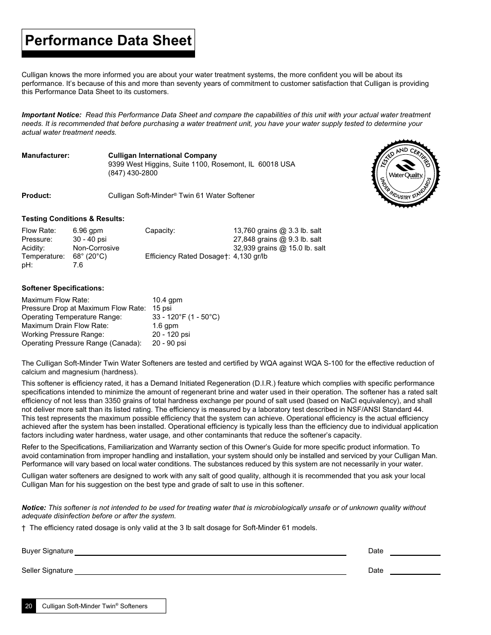 Performance data sheet | Culligan Soft-Minder 2005 User Manual | Page 20 / 33